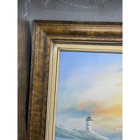 Framed Coastal ocean Landscape Painting With Lighthouse Palm Trees 31x27" READ - Picture 6 of 14